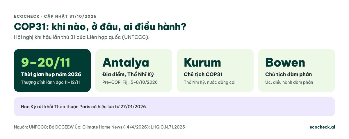 COP31 họp 9–20/11/2026 tại Antalya, Thổ Nhĩ Kỳ; thượng đỉnh lãnh đạo 11–12/11; Pre-COP ở Fiji 5–8/10/2026; Chủ tịch COP31 là ông Murat Kurum (Thổ Nhĩ Kỳ); Chủ tịch đàm phán là ông Chris Bowen (Úc); Hoa Kỳ rút khỏi Thỏa thuận Paris từ 27/01/2026