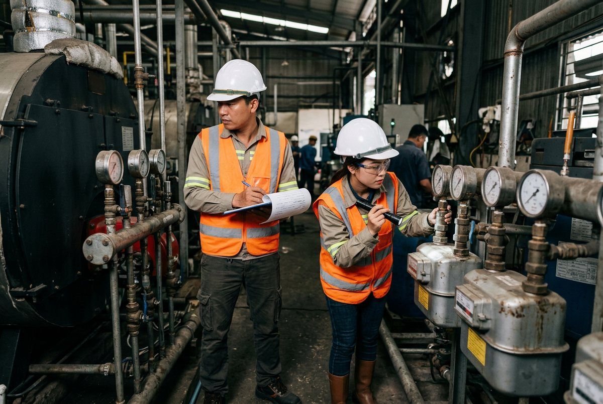 Engineers checking meters at a plant while collecting inventory data