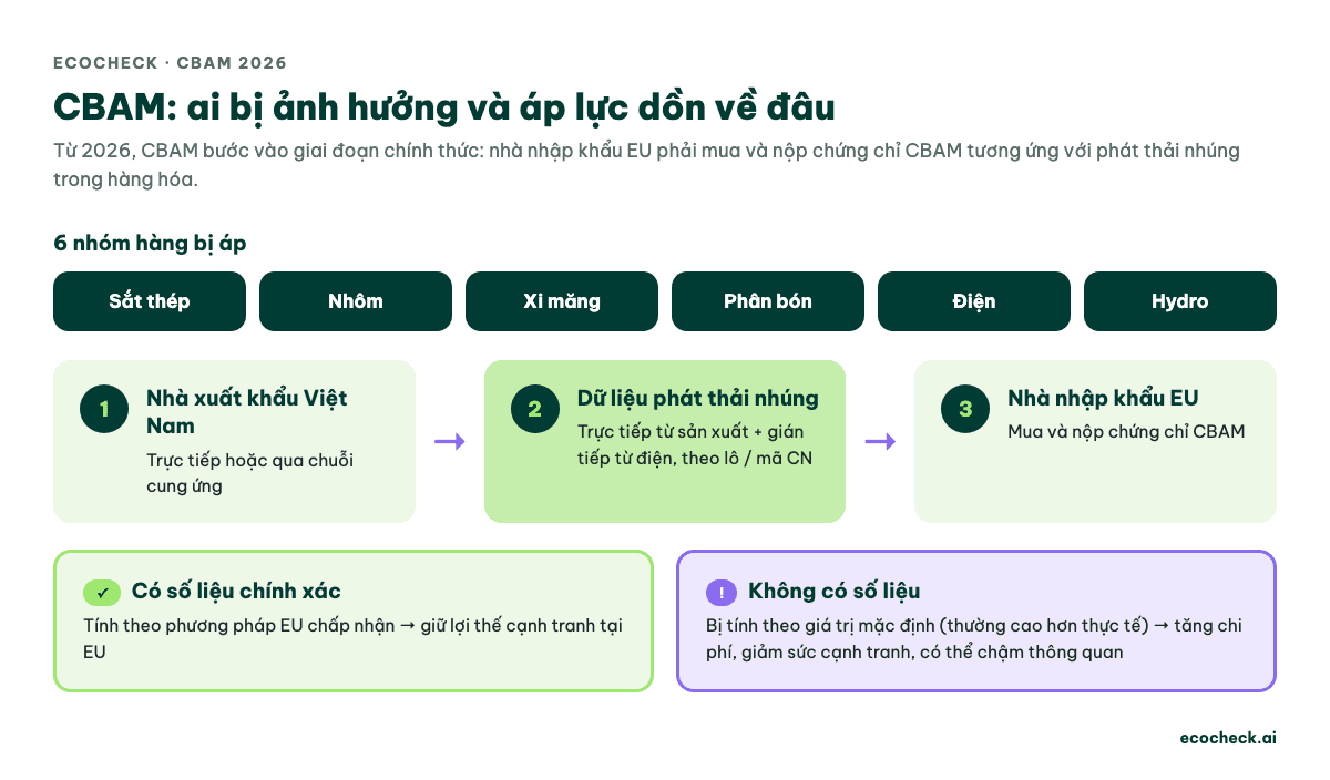 Sơ đồ CBAM: 6 nhóm hàng bị áp và luồng dữ liệu phát thải nhúng từ nhà xuất khẩu Việt Nam đến nhà nhập khẩu EU