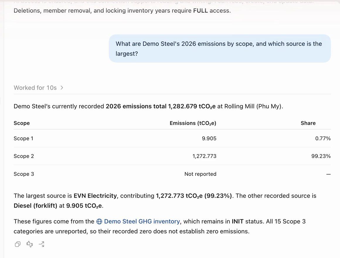 Trợ lý AI trả lời phát thải 2026 theo Scope, lấy trực tiếp từ sổ kiểm kê EcoCheck (tài khoản demo)