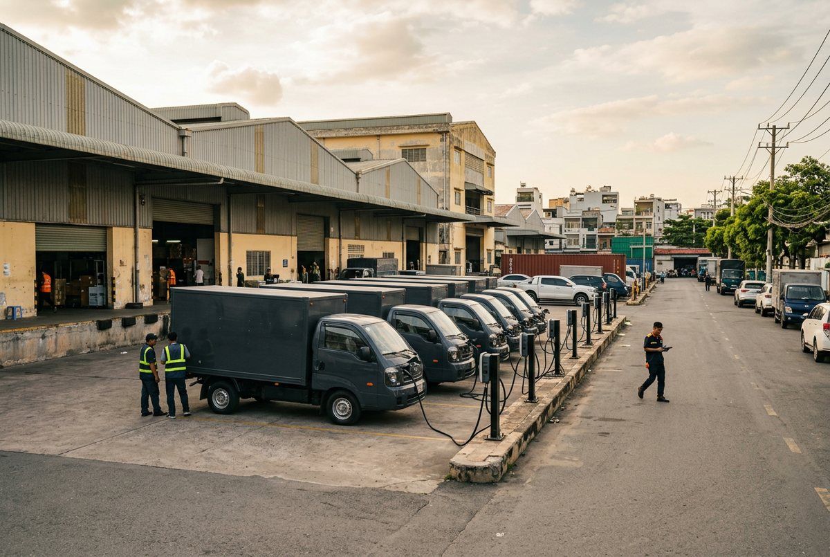 Delivery trucks at a logistics warehouse, a source of Scope 1 and Scope 3 emissions