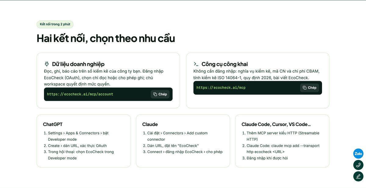 Hướng dẫn thêm EcoCheck vào ChatGPT, Claude: địa chỉ kết nối và các bước cho từng ứng dụng
