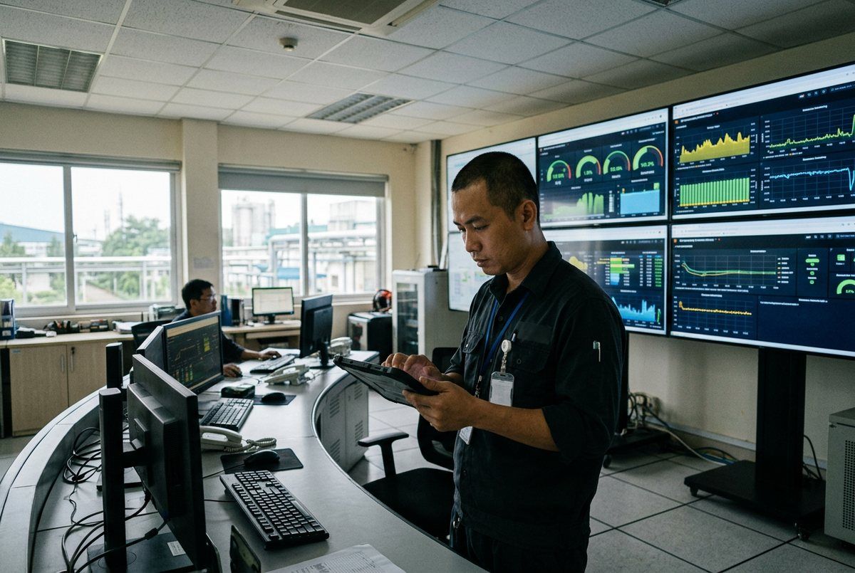 Factory control room monitoring energy and emissions data on screens