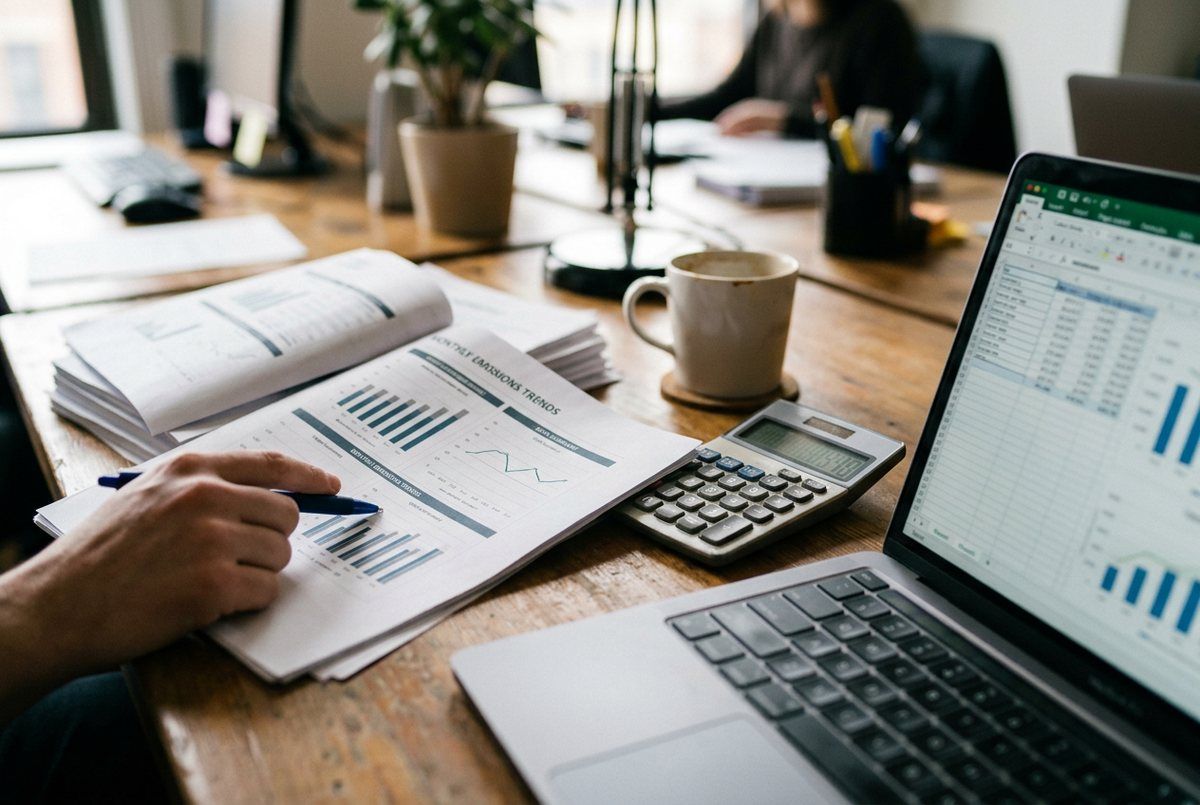 Emission records, spreadsheets and a calculator used to prepare a GHG inventory report
