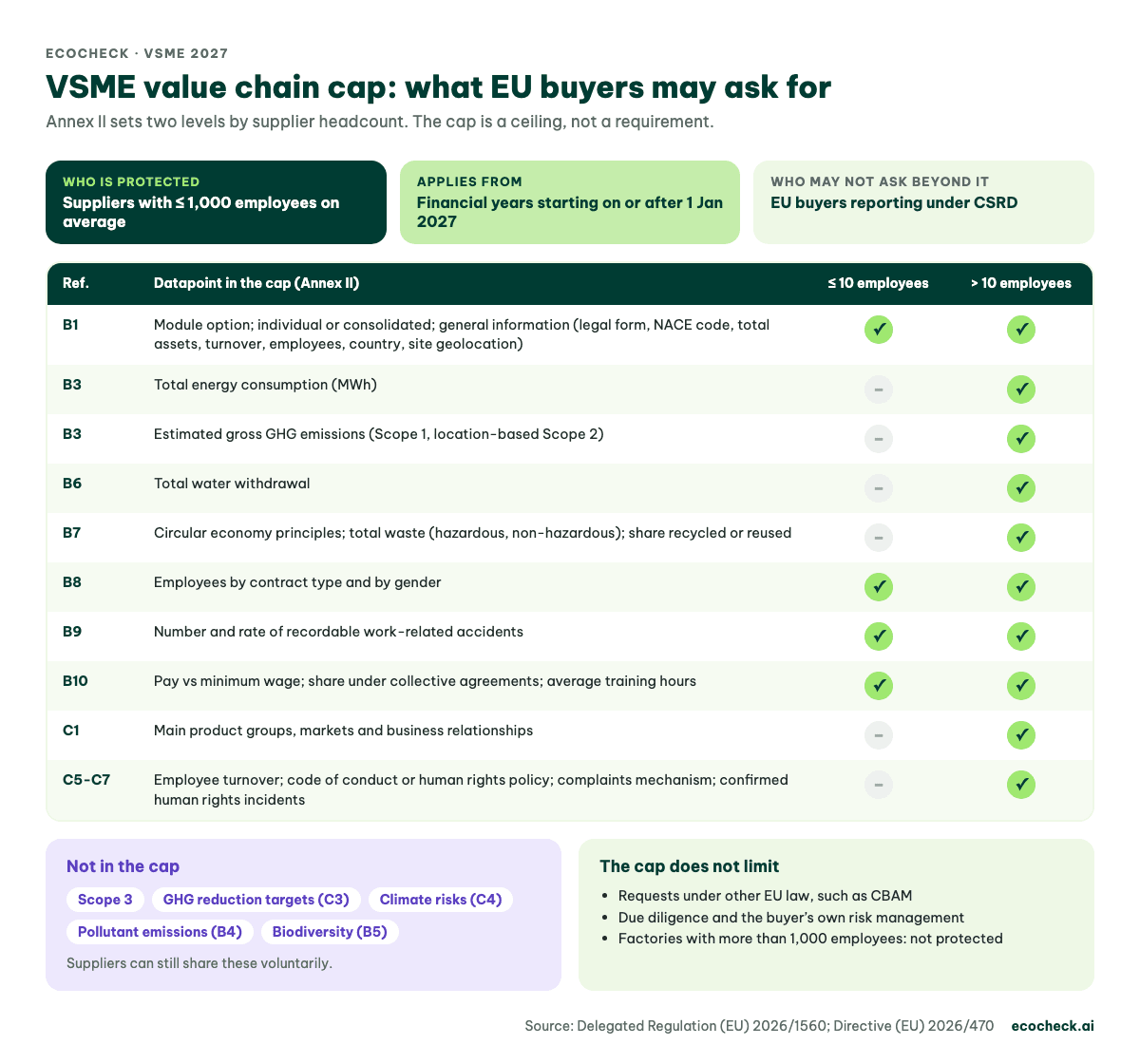 VSME value chain cap table under Annex II: datapoints EU buyers may request from suppliers with 10 or fewer and more than 10 employees, plus items outside the cap such as Scope 3